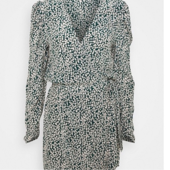 Free People NWT Green Pine Needle Combo Floral Kinsley Wrap Mini Dress - Picture 3 of 11